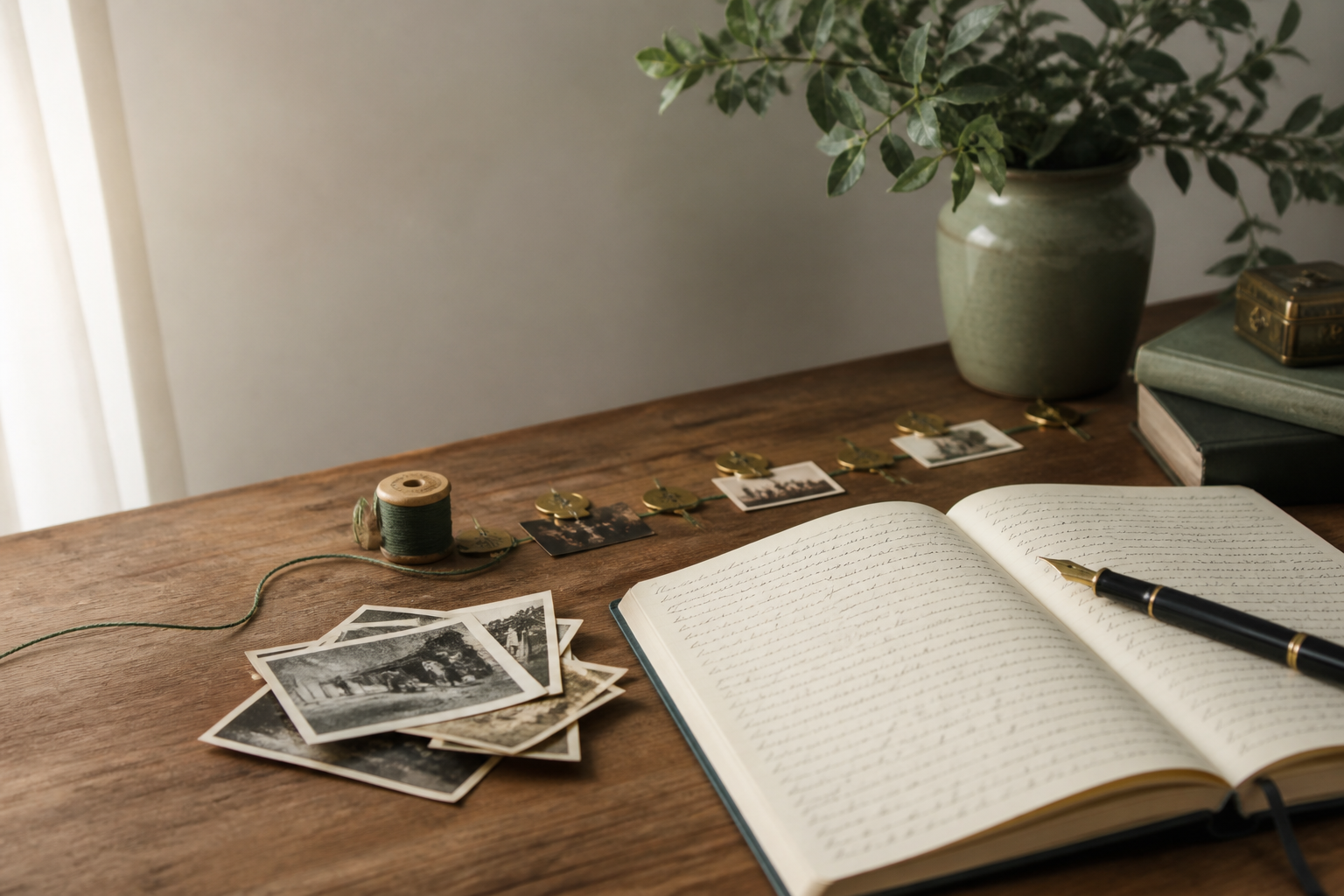 An open handwritten notebook, fountain pen, and family photographs on a wooden desk